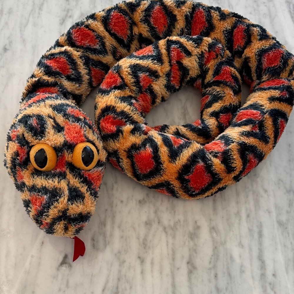 Diamond Back Plush Rattle Snake Toy - Orange, Black & Red Pattern. 58”